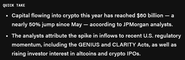 올해 1월부터 7월 말 현재까지 가상화폐 시장에 유입된 자금 규모가 6백억 달러(한화 약 82조 4,220억 원)에 이른다(사진=더블록/ 제이피모건)