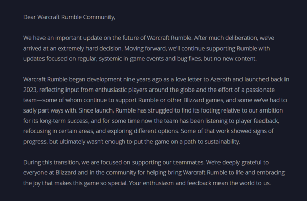 사진=블리자드 엔터테인먼트&nbsp;‘워크래프트 럼블’ 공지사항 中 발췌