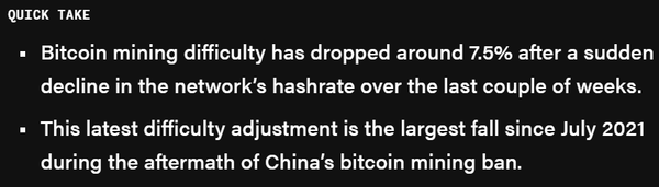 최근 비트코인 채굴 난이도는 지난 2021년 중국의 자국 채굴시장 봉쇄 이후 최고 수준으로 급락했다(사진=더블록)