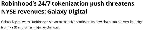 갤럭시디지털 분석진 이더리움 호환 블록체인에서 주식을 토큰화하려는 로빈후드의 계획이 뉴욕증권거래소와 같은 기존 증권 거래소의 유동성을 분산시킬 수 있다고 밝혔다(사진[코인텔레그래프)
