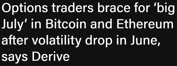 지난 6월 가상화폐 옵션거래 시장에서 비트코인과 이더리움 내재변동성이 급락하면서 이달 두 자산 시세가 급등할 수 있다는 기대감이 형성되고 있다는 소식이다(사진=더블록)