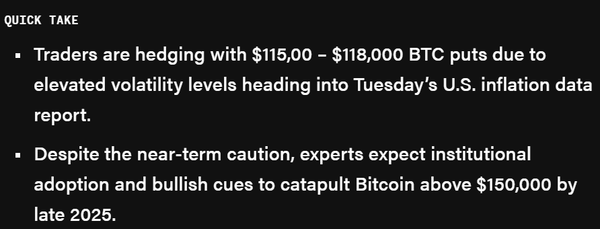 비트코인 투자자들이 사들이고 있는 풋 옵션은 11만 5천 달러(한화 약 1억 6,009만 원)에서 11만 8천 달러(한화 약 1억 6,426만 원)에 집중된 것으로 전해진다(사진=더블록)