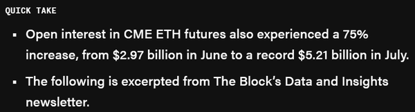 지난 7월 미국 시카고상품거래소(CME) 내 이더리움 선물 거래량이 1천억 달러(한화 약 138조 원)를 돌파하며 역대 최고치를 경신했다는 소식이다(사진=더블록)