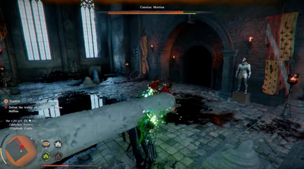 ▲보스를 때려서 그로기 상태로 만들고 기둥을 들어야 한다