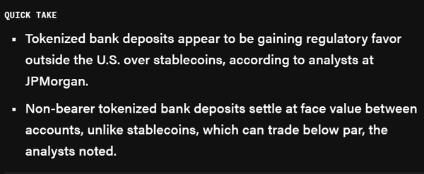 제이피모건에 따르면 미국 외 지역 규제 당국자들이 스테이블코인보다 예금토큰을 더 우호적으로 보고있다(사진=더블록/ 제이피모건)