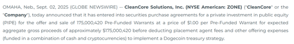클린코어솔루션즈는 현지시간으로 지난 9월 2일 도지코인 매입 전략을 위해 1억 7,500만 달러(한화 약 2,435억 원) 규모의 사모투자(PIPE) 자금을 유치하겠다고 발표한 바 있다(사진=코인데스크)