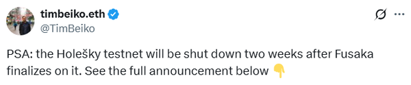  홀스키(Holesky)가 하반기 예정된 ‘푸사카(Fusaka)’ 업그레이드 이후 폐쇄될 예정이라는 소식이다(사진=트위터/ 팀 베이코)