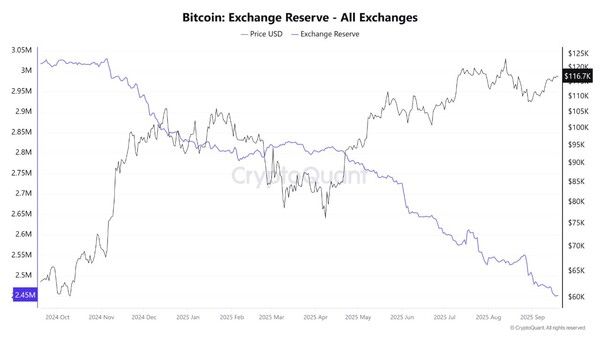 지난 2024년 10월 이후 가상화폐 거래소 내 비트코인 보유량 변화 추이(보라색 선)(사진=크립토퀀트)