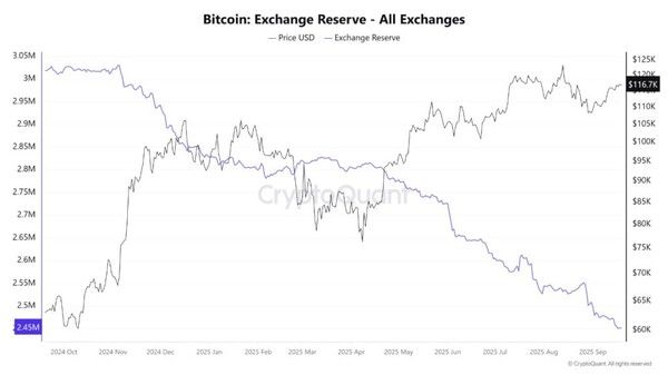 지난 2024년 10월 이후 가상화폐 거래소 내 비트코인 보유량 변화 추이(보라색 선)(사진=크립토퀀트)