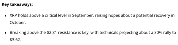엑스알피 가격이 주요 저항 구간인 2.81달러(한화 약 3,936원)를 상회할 경우 3.62달러(한화 약 5,070원)까지 오를 가능성이 있다는 것이 코인텔레그래프 의견이다(사진=코인텔레그래프)