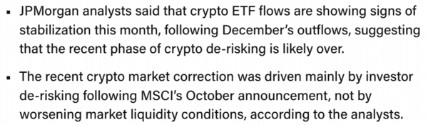 제이피모건은 지난 2025년 12월 촉발된 가상화폐 ‘위험 회피’ 국면이 종료 단계에 접어들었다고 분석했다(사진=더블록/ 제이피모건)