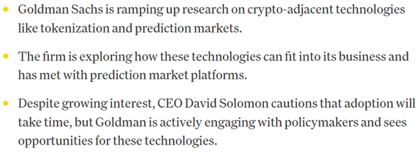 골드만삭스 투자은행이&nbsp;‘토큰화’와&nbsp;‘예측시장’&nbsp;등&nbsp;가상화폐&nbsp;관련&nbsp;기술&nbsp;연구를&nbsp;강화하고&nbsp;있다는&nbsp;소식이다(사진=코인데스크)