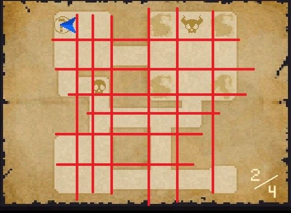 ▲지도는 아처럼 모눈 종이 위를 걸어 다닌다고 보면 된다. W를 누르면 진행방향(파란색회살표 앞부분)으로 한 칸 움직이는 식이다. 화면의 해골에 닿으면 적, 뿔이난 적은 보스다. 보스를 물리치면 다음층으로 내려간다.