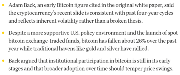 최근&nbsp;비트코인&nbsp;시세&nbsp;하락이&nbsp;‘4년&nbsp;주기론’에&nbsp;따른&nbsp;결과라는 것이 아담 백 블록스트림 최고경영자의 의견이다(사진=코인데스크)