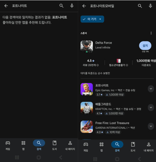 ▲ 구글플레이에서 구글플레이로 검색 시 게임페이지가 등장하지 않는다. 포트나이트 모바일이나 에픽게임즈로 검색해야 페이지를 확인할 수 있다. 사진=경향게임스
