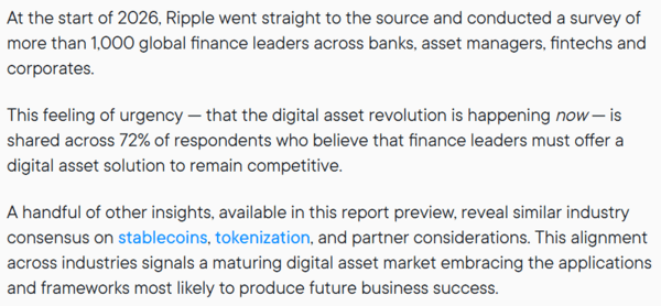 글로벌 금융 업계 리더&nbsp;72%는 경쟁력을 유지하기 위해 기업이 디지털자산 솔루션을 반드시 도입해야 한다고 답했다(사진=리플)