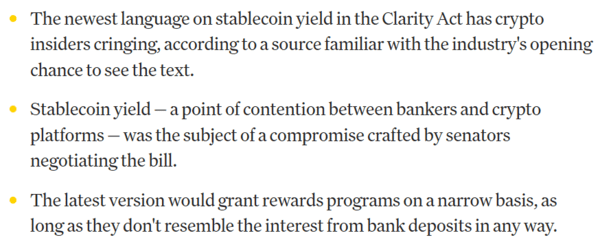 ‘클라리티’ 수정안은 스테이블코인 보상 구조가 은행 예금 이자와 유사해지는 것을 전면 차단하는 데 초점이 맞춰졌다(사진=코인데스크)