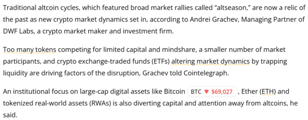 가상화폐&nbsp;시장의&nbsp;‘알트시즌’&nbsp;개념이&nbsp;역사&nbsp;속으로&nbsp;사라지고&nbsp;있다는&nbsp;분석이다(사진=코인텔레그래프)