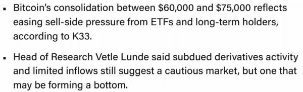 비트코인 매도 압력이 완화됨에 따라 잠재적 시세 바닥이 형성되고 있다는 분석이다(사진=케이33리서치)