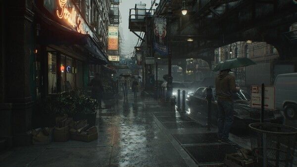 ▲ 게임 초반 비 내리는 거리는 그래픽의 완성도를 보여준다. 묘사의 디테일함이 공포로 변화는 데 긴 시간이 걸리지 않는다. 사진=인게임 캡쳐화면.&nbsp;
