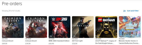 ▲ 영국 PS 스토어 예약판매 신작 순위(사진=PS 스토어)