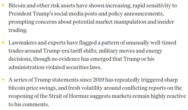 &nbsp;트럼프 대통령 게시물에&nbsp;비트코인 등 위험자산 가격이&nbsp;급변하며&nbsp;정치적&nbsp;메시지가&nbsp;금융시장&nbsp;변동성으로&nbsp;이어지는&nbsp;구조가&nbsp;강화되고&nbsp;있다는&nbsp;분석이다(사진=코인데스크)