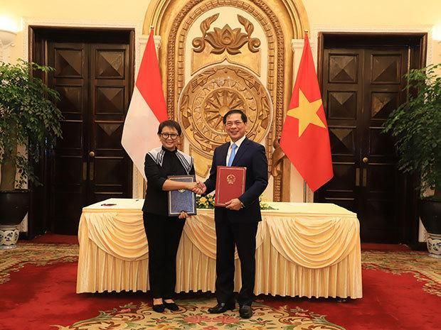 무역확대 및 양국 간 관계를 포괄적 전략적 파트너십으로 격상하기로 합의한 레트노 마르수디 인도네시아 외교장관왼쪽과 부이 타인 선 베트남 외교장관 24일 사진인도네시아 외교부 제공 