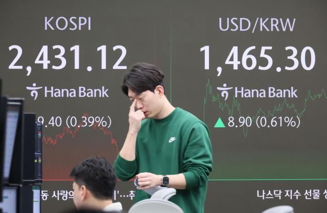 本月26日，韩元对美元汇率跌破1460韩元关口。图为韩亚银行总行交易大厅上显示的股指和汇率。【图片提供 韩联社】