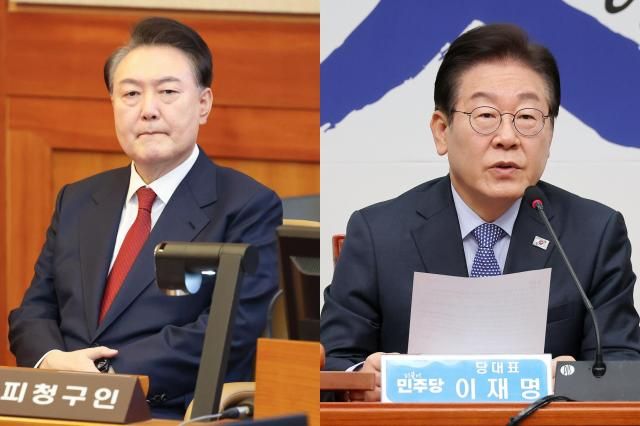 韩国总统尹锡悦与共同民主党党首李在明【图片来源 韩联社】
