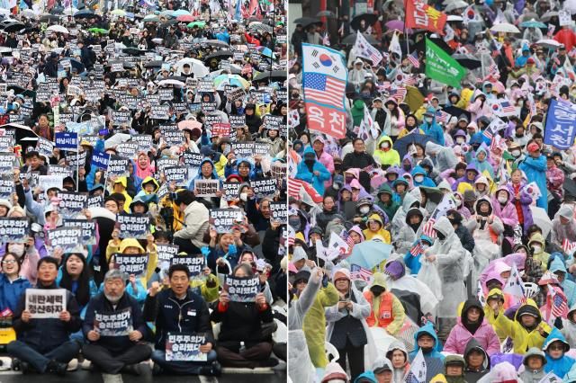 5日，在首尔光化门一带出现支持与反对弹劾案裁决的民众在集会。【图片提供 韩联社】
