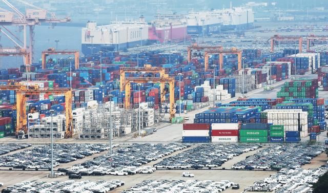 7日，韩国平泽港堆积的集装箱【图片来源 韩联社】