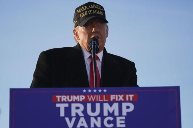 Republican presidential nominee former President Donald Trump speaks at a campaign rally at Kinston Regional Jetport in Kinston North Carolina on Nov 3 2024 AP-Yonhap