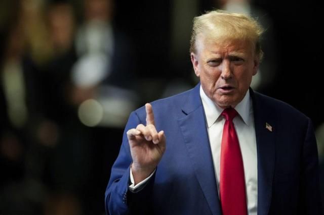 Former President Donald Trump speaks to members of the media before departing Manhattan criminal court in New York on May 6 2024 AP-Yonhap