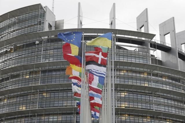 European flags fly outside the European Parliament in Strasbourg eastern France on Feb 7 2024 AP-Yonhap