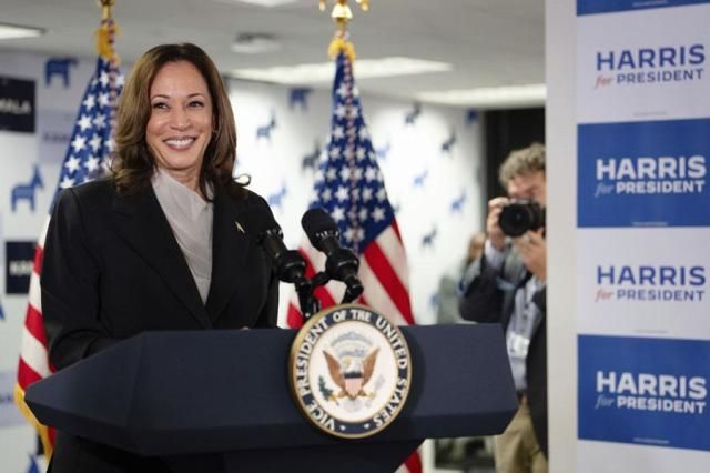 Vice President Kamala Harris speaks at her campaign headquarters in Wilmington Delaware on July 22 2024 AP-Yonhap