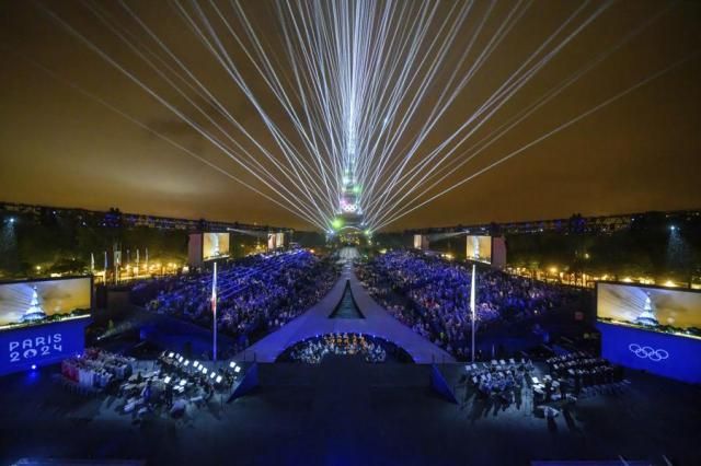 An overview of the Trocadero venue with the Eiffel Tower in the background during the opening ceremony of the Summer Olympics in Paris on July 26 2024 AP-Yonhap
