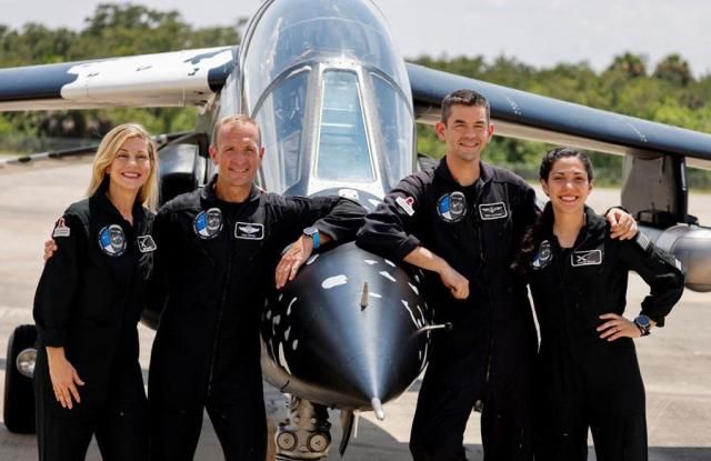 Anna Menon Scott Poteet commander Jared Isaacman and Sarah Gillis crew members of Polaris Dawn a private human spaceflight mission attend a press conference at the Kennedy Space Center in Cape Canaveral Florida US on Aug 19 2024 Reuters-Yonhap