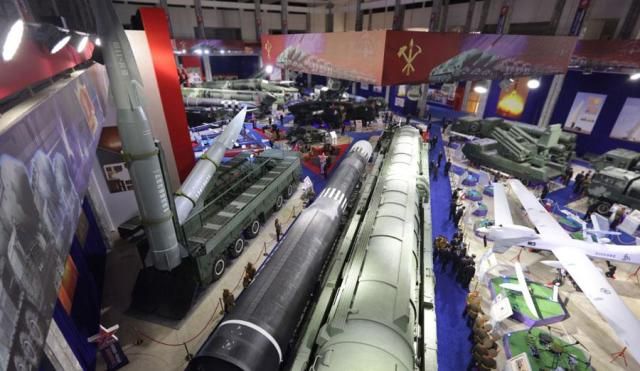 Missiles and other weapons are displayed at an exhibition in Pyongyang on Oct 4 2025 in this photo released by the state-run North Korean Central News Agency the following day&nbsp;