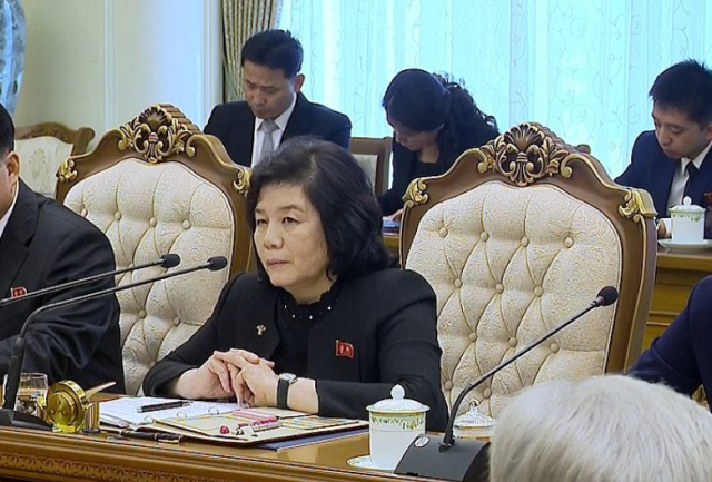 North Korean Foreign Minister Choe Son Hui speaks during a meeting with her Russian counterpart in Pyongyang in this file photo released by the Korean Central News Agency KCNA in 2023 