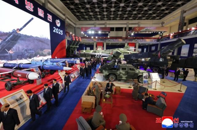 North Korean leader Kim Jong-un inspects weapons on display at the Defence Development-2025 military exhibition in Pyongyang on October 4 KCNAYonhap