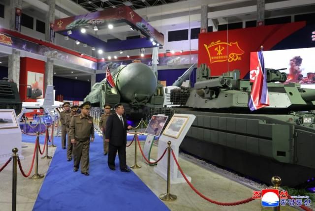 North Korean leader Kim Jong-un inspects weapons on display at the Defence Development-2025 military exhibition in Pyongyang on October 4 KCNAYonhap