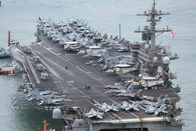 US aircraft carrier USS Carl Vinson arrives at a naval base in Busan March 2 2025 Yonhap