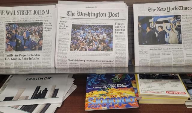 Newspapers featuring South Korean President Lee Jae-myungs election victory on their front pages are displayed at a newspaper stand at a supermarket in McLean Virginia in the US on June 4 2025 Yonhap