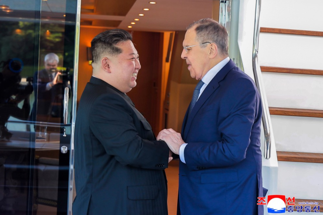 North Korean leader Kim Jong-un meets Russian Foreign Minister Sergei Lavrov in Wonsan on July 12 KCNAYONHAP