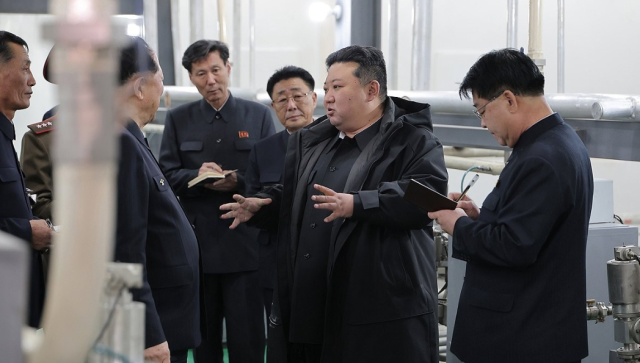 North Korean leader Kim Jong-un inspects a nuclear material production base and a nuclear weapons research institute in this photo released by the state-run Korean Central News Agency KCNA on January 29 2025
