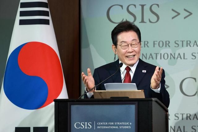 South Korean President Lee Jae Myung delivers a speech at the Center for Strategic and International Studies CSIS in Washington DC on Aug 25 2025 Yonhap