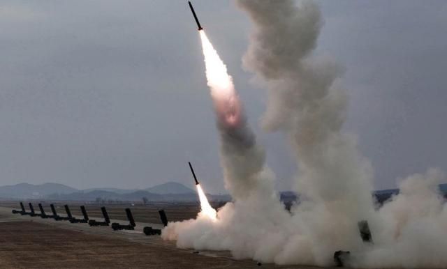 A slew of missiles are being fired during a drill in Sunan near Pyongyang on March 15 2025 in this photo released by the state-run Korean Central News Agency KCNA the following day