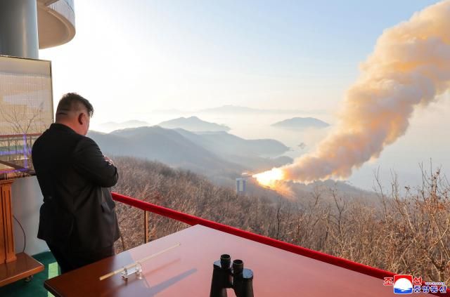 The Korean Central News Agency reports that North Korean leader Kim Jong-un spectated the ground test of a new carbon-fiber solid-fuel engine March 29 2026 Courtesy of the Korean Central News Agency