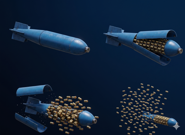 This AI-generated image illustrates the dispersion of a cluster bombs submunitions 