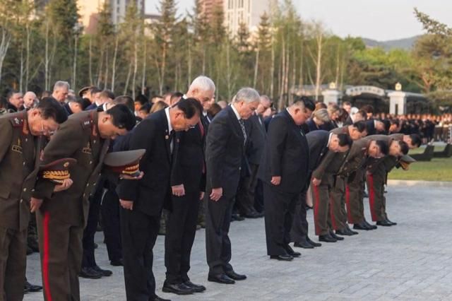 North Korean leader Kim Jong-un 6th from left along with visiting Russian Defense Minister Andrei Belousov and State Duma Speaker Vyacheslav Volodin attends the opening ceremony of a memorial in Pyongyang on April 26 2026 TASS-Yonhap